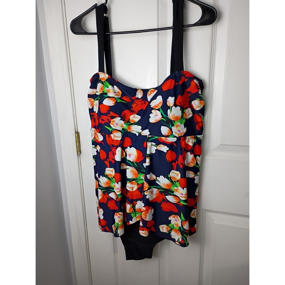 New Island Pearls One Piece Swimsuit Navy Tulips, Three Tiers, Built-in Bra